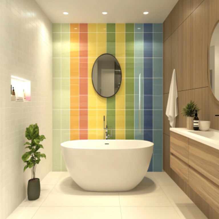 Contemporary Multicoloured Bathroom Design With Irish Cream-Toned Vanity Unit And White Bathtub