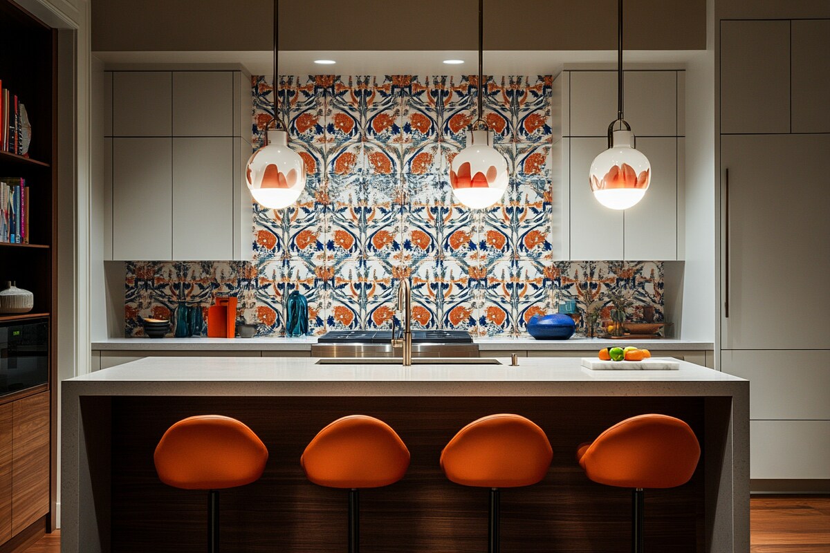 Contemporary Straight Kitchen Design with Patterned Backsplash