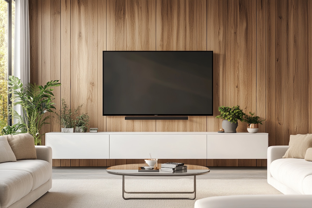 Minimal Wall-Mounted White TV Unit Design with Wooden Panelling