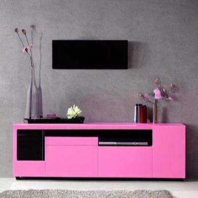 Contemporary TV Unit Design in Pink Laminate and Grey Wall