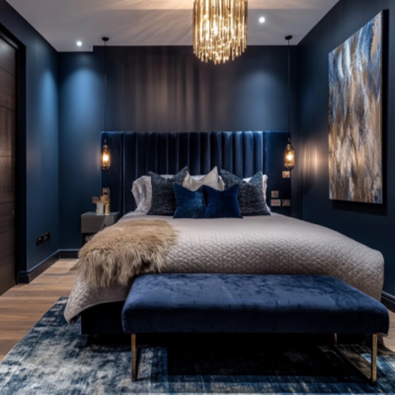 Contemporary Master Bedroom Design With Dark Blue Walls