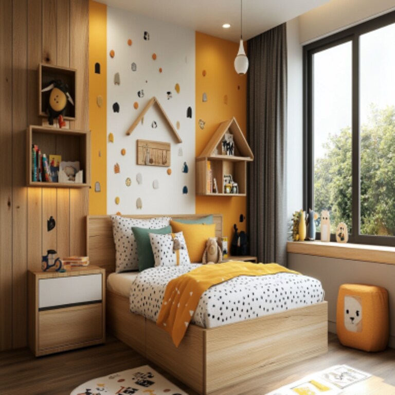 Modern and Practical Kids Bedroom Design With Wooden Single Bed