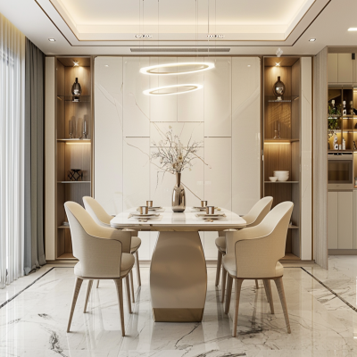 Contemporary 4-Seater White And Wood Dining Room Design With Beige Chairs