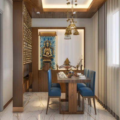 Modern 4-Seater Blue And Wood Dining Room Design WIth Integrated Mandir Unit