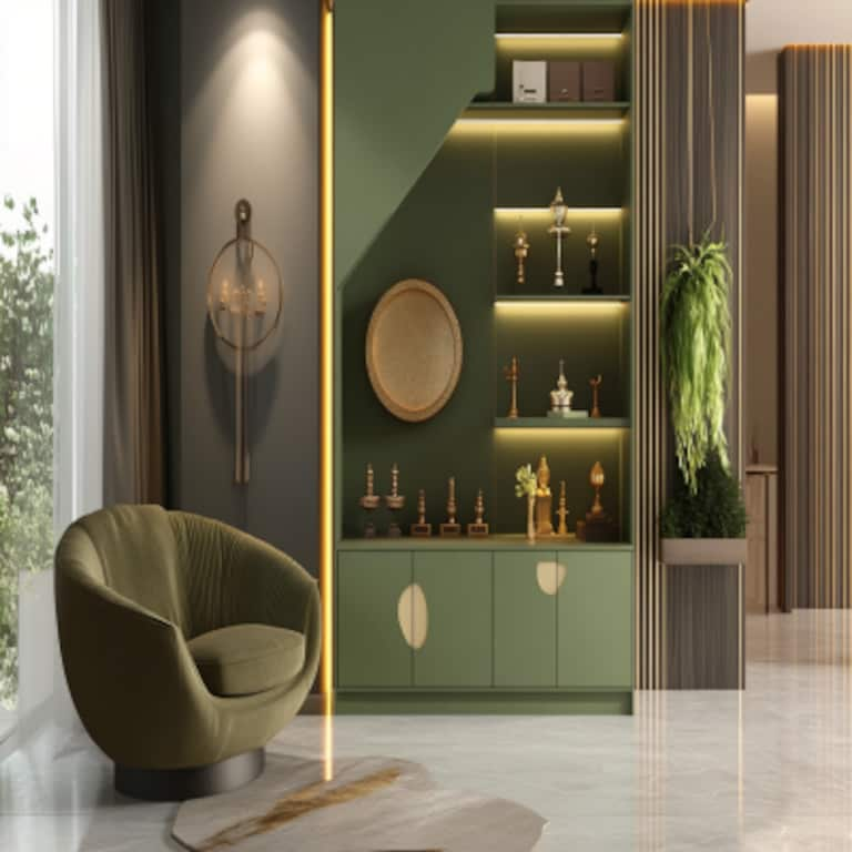 Artichoke Green Contemporary Pooja Unit Design