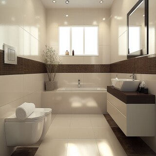 Modern White And Brown Bathroom Design With Wall-Mounted Beige Bathroom Cabinet