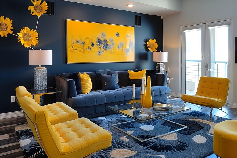 Contemporary Dark Blue And Yellow Living Room Design With Grey Accent Wall