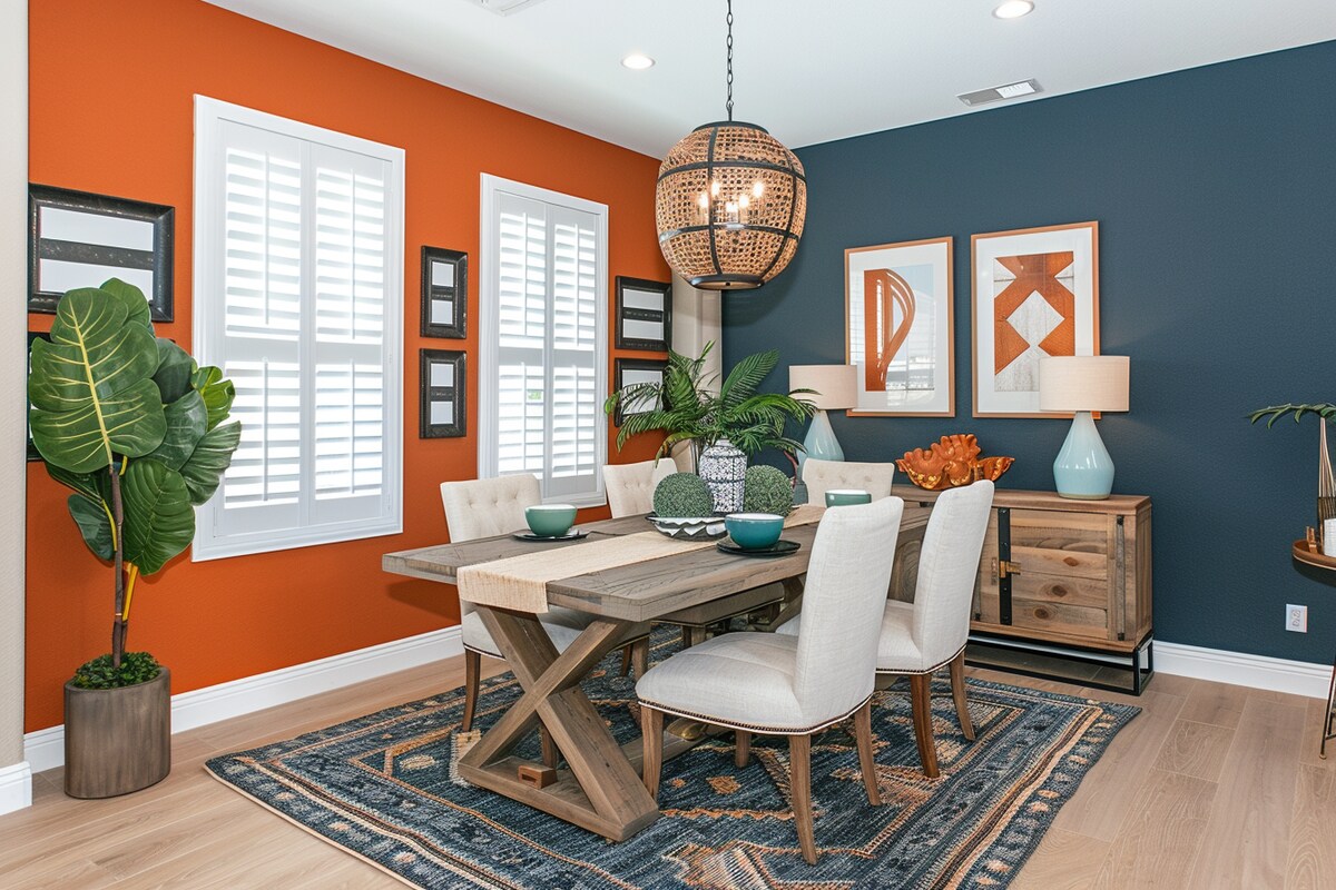 Mediterranean 4-seater Wood And Orange Dining Room Design With Dark Blue Accent Wall Mediterranean 4-seater Wood And Orange Dining Room Design With Dark Blue Accent Wall