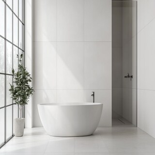 Minimal Bathroom Design with White Tiles and Glass Partition