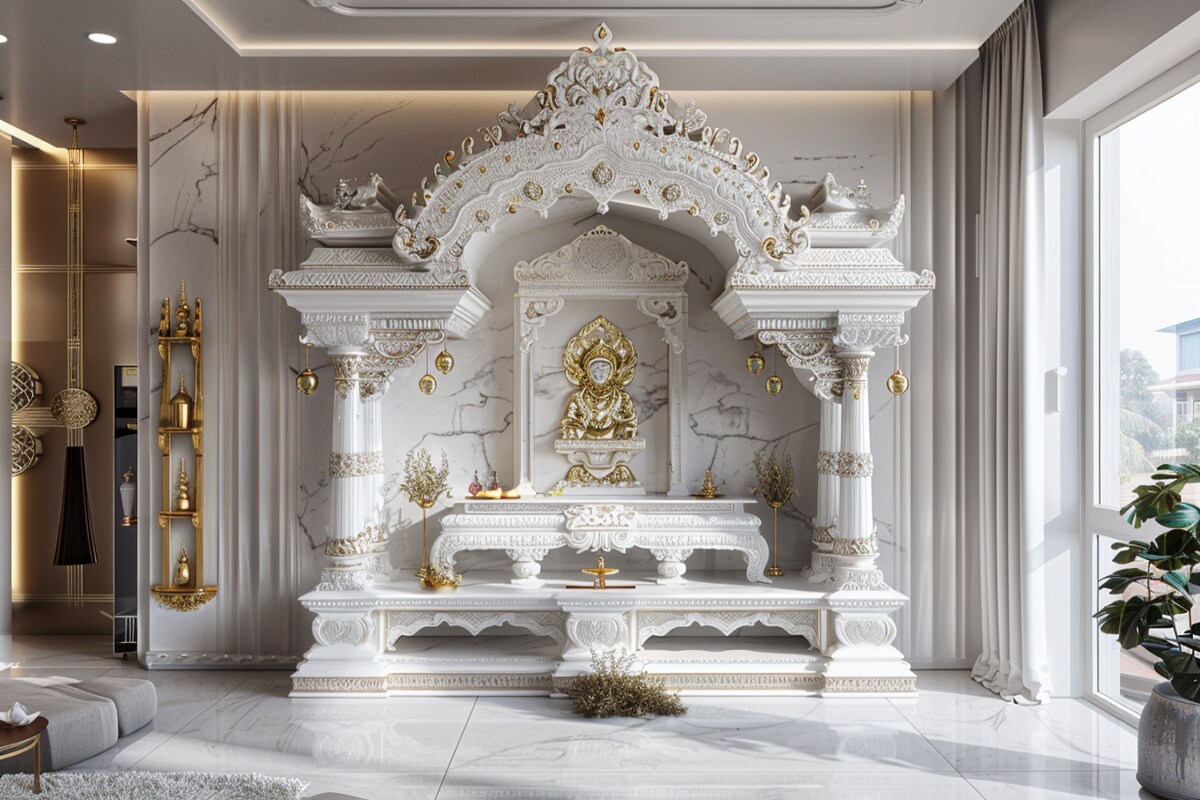 Traditional White And Gold Floor-Mounted Mandir Unit