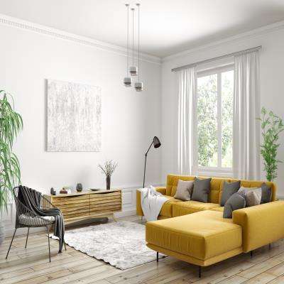 Spacious White Living Room Deisgn Featuring A Bright Yellow Sofa