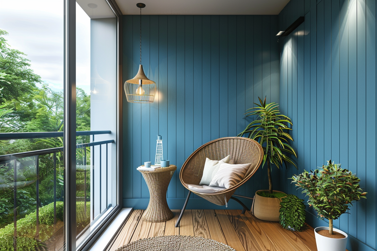 Modern Closed Balcony Design With Blue Wall Panelling