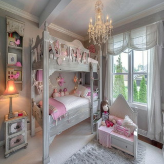 Shabby Chic Kids Room Design For Girls With Grey Bunk Bed