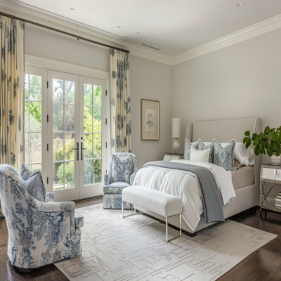 Minimal Master Bedroom Design With Blue Floral Accent Chair