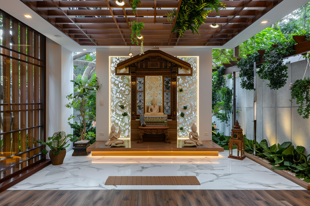 Modern White And Wood Mandir Design With Nature-Themed Backdrop