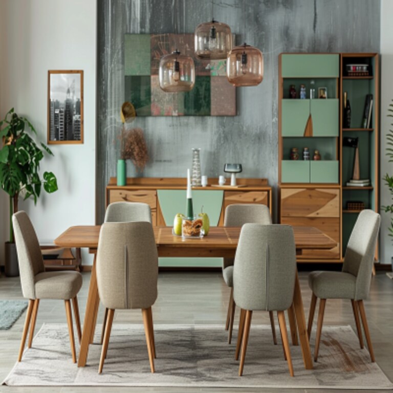 Modern 6-seater Wooden Dining Room Design With Mint-Green Storage Cabinet Modern 6-seater Wooden Dining Room Design With Mint-Green Storage Cabinet