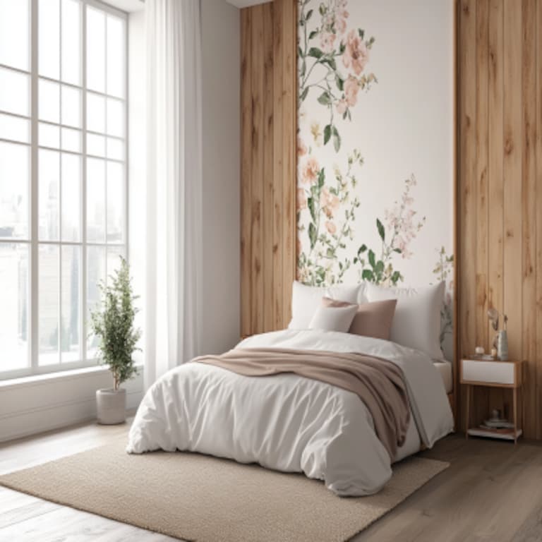 Contemporary Bedroom Wall Design With Wooden Panelling And Floral Wallpaper