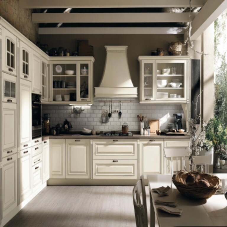 Classic Open Modular Kitchen Design With White Brick Backsplash