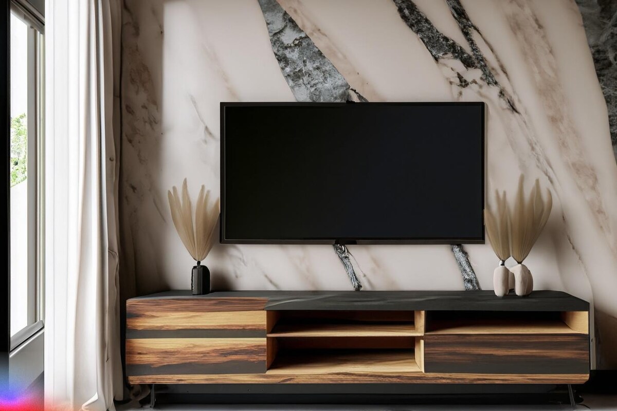 Rustic Wooden TV Unit Design with Marble backdrop Rustic Wooden TV Unit Design with Marble backdrop