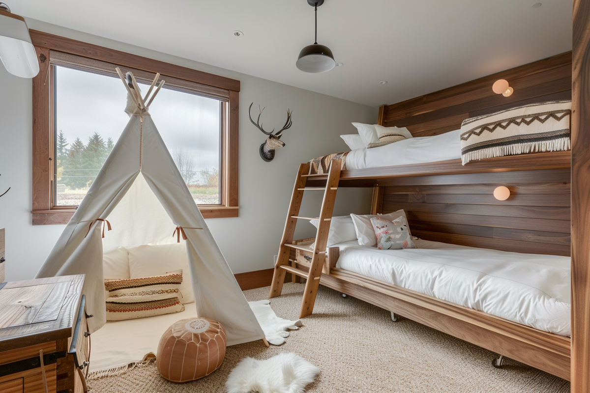 Contemporary Kids Room Design WIth Wooden Bunk Bed And White Tipi