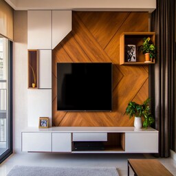 Classic White And Wood Wall-Mounted TV Unit With Marble Back Panel
