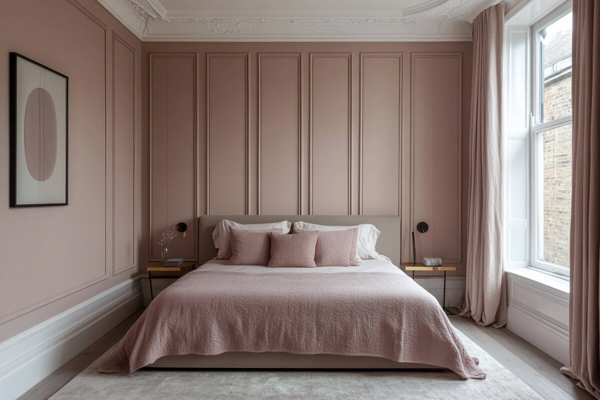 Modern Dusty Pink Bedroom Wall Paint Design With Wall Panelling