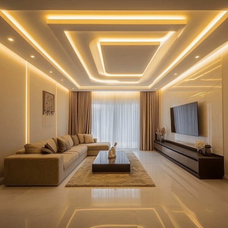 Peripheral Modern False Ceiling Design With Cove And Recessed Lights