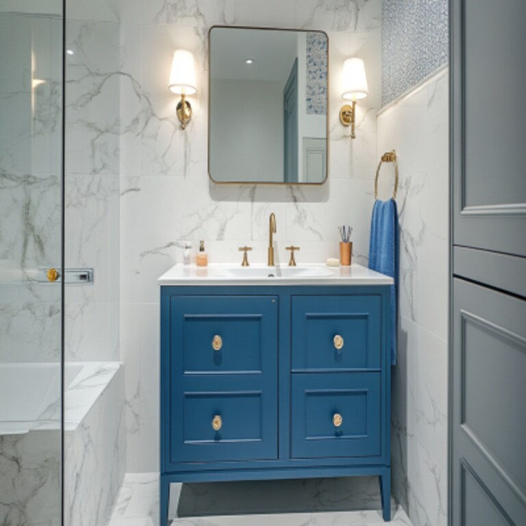 Contemporary Bathroom Design With White Marble Tiles And Blue Vanity Unit