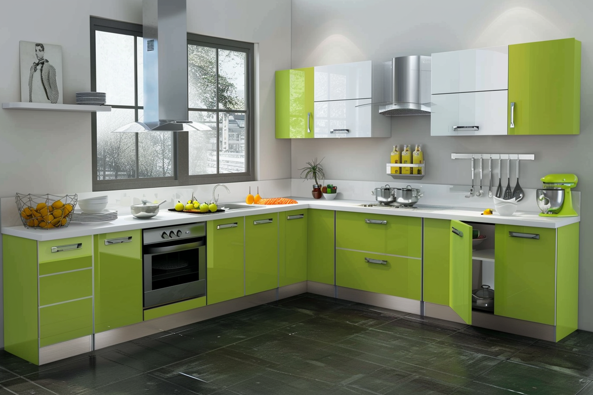 Modern Eclectic L Shape Lime And Silver Frost Modular Kitchen Design