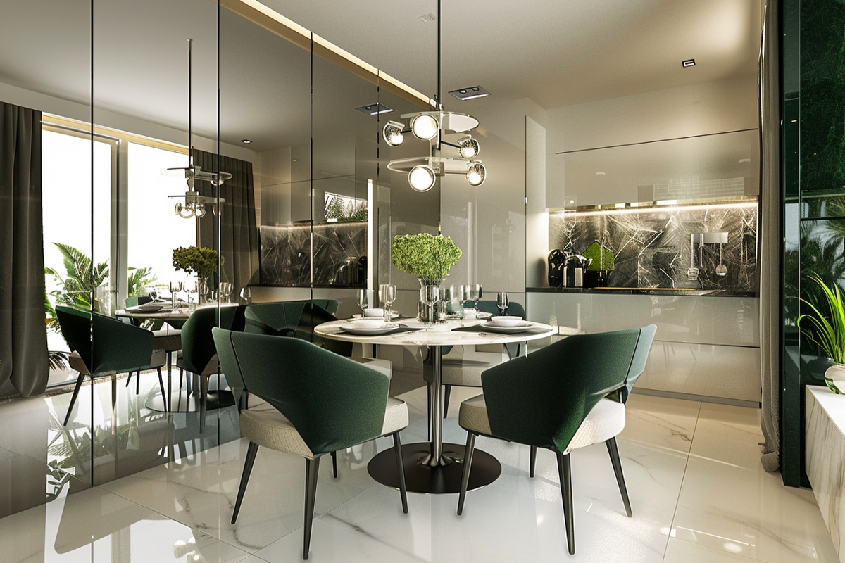 Contemporary White And Dark Green 4-Seater Dining Room Design With Bevelled Mirrored Wall Panel