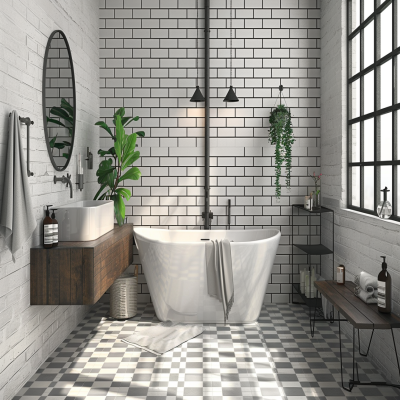 Industrial Grey And White Bathroom Design With Geometric Flooring