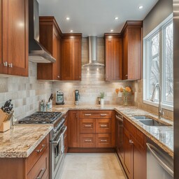 Classic Modular Wooden Open Kitchen Design With Integrated Dining Table
