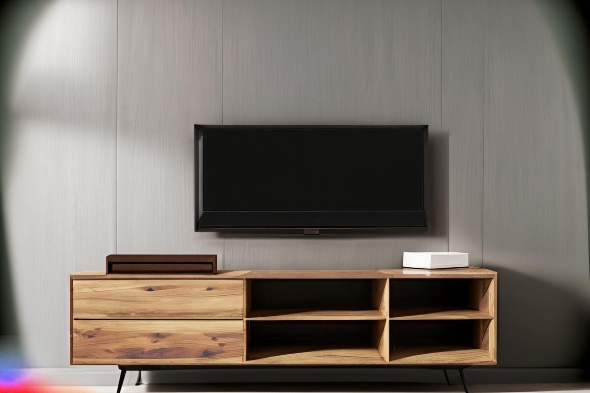 Modern Rustic TV Unit Design in Wooden Finish with Grey Wall Modern Rustic TV Unit Design in Wooden Finish with Grey Wall