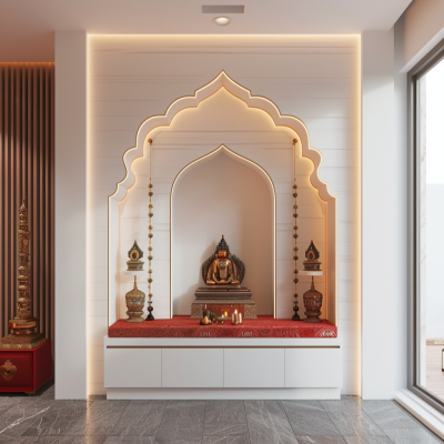 Modern Frosty White Open Mandir Design With Stepped Drawer Storage