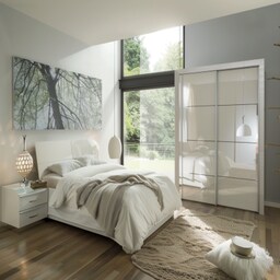 Modern Grey And White Master Bedroom And Blue Accent Wall Panel With ...