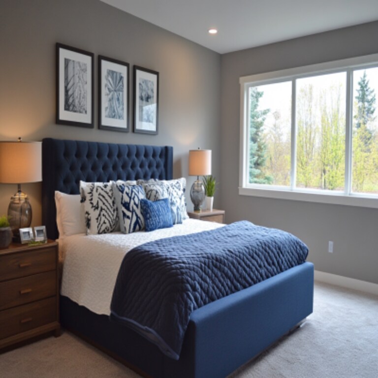 Modern Grey Master Bedroom Design With Dark Blue Headboard