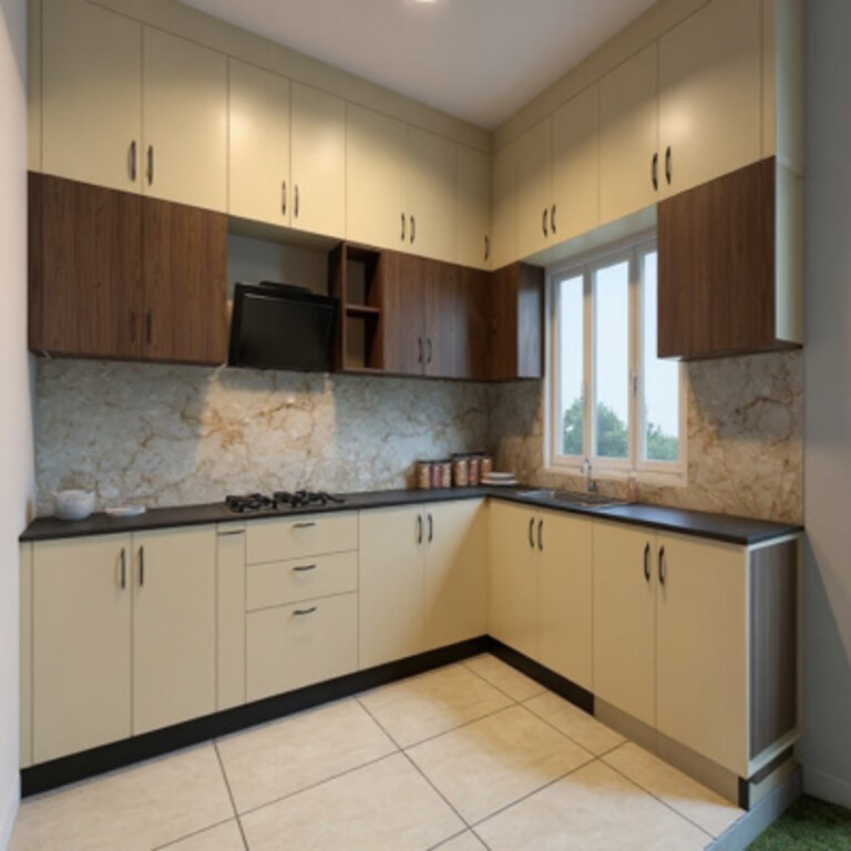 Contemporary Cream and Wood L Shaped Kitchen with Marble Backsplash Contemporary Cream and Wood L Shaped Kitchen with Marble Backsplash