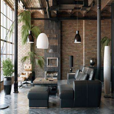 Dark Hue Living Room Design With Open Brick Walls and Leather Furniture