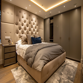 Modern Master Bedroom Design With Beige Panelled Headboard And Grey Swing Wardrobe