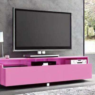 Contemporary TV Unit Design in Pink with a Grey Wall And Grey Floor