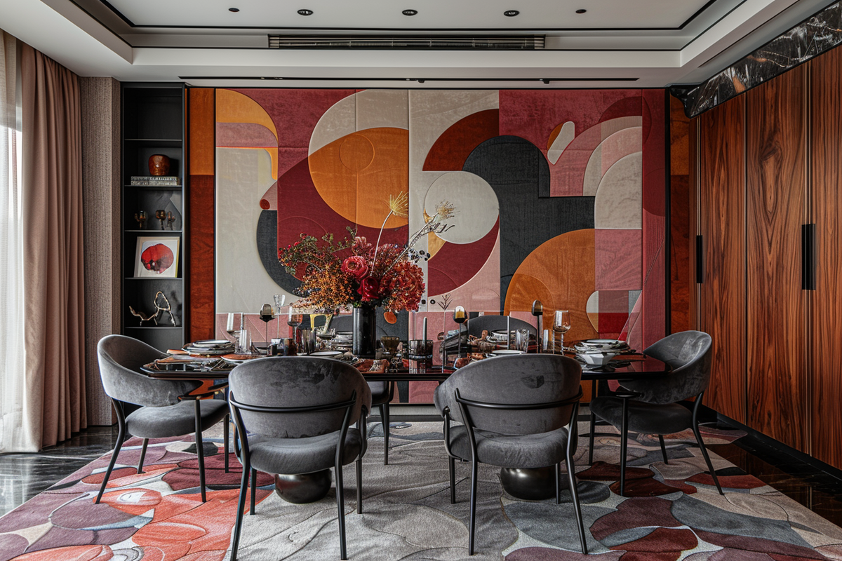 Modern 4-seater Brown Dining Room With Grey Velvet Chairs And Abstract Multicoloured Wallpaper