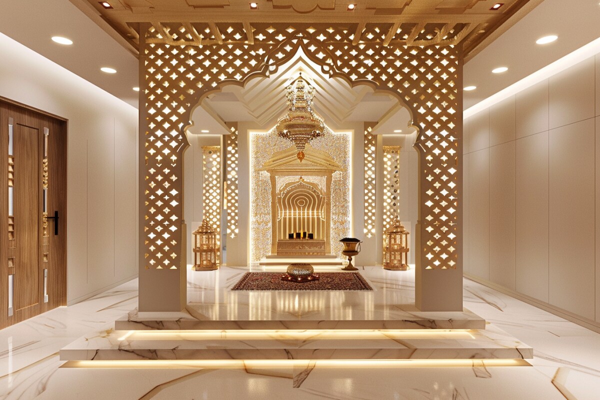 Modern Floor-Mounted Champagne-Toned Mandir Unit With CNC Wooden Panel