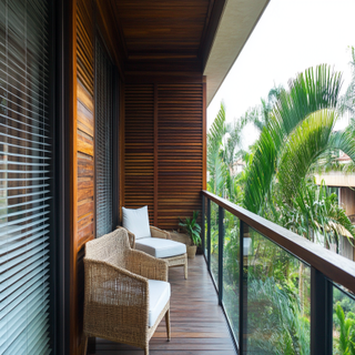 Tropical Balcony Design With Wooden Wall Design And Cane Accent Chair