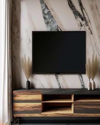 Rustic Wooden TV Unit Design with Marble backdrop