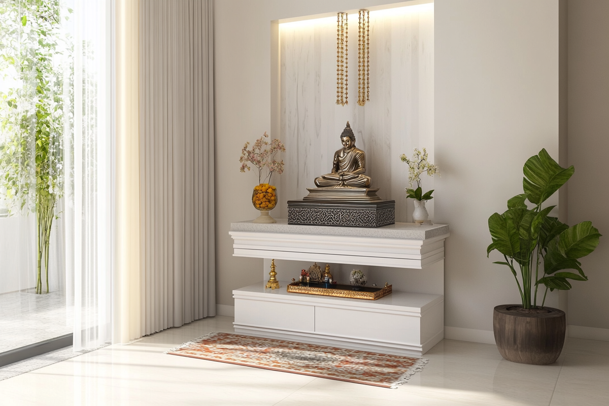 Modern Frosty White Mandir Design With 2-Drawer Storage And Wall Ledges