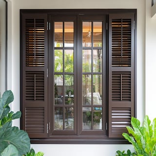 Classic Brown Swing Shutter Window Design In Wood