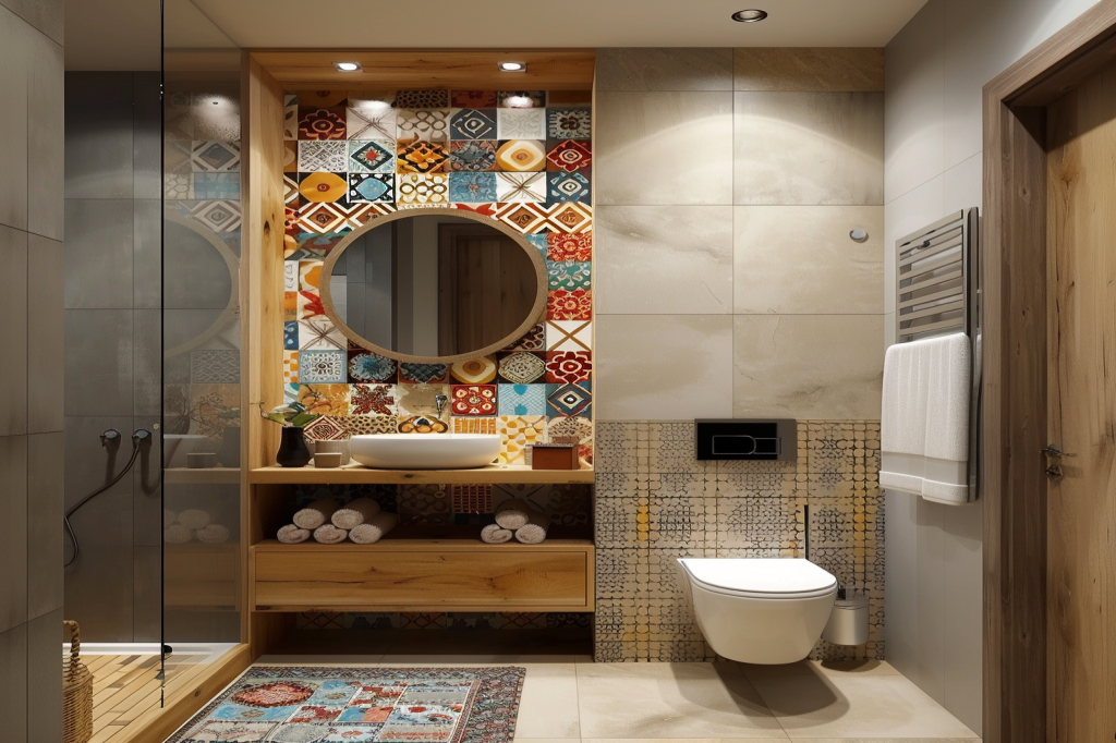 Modern Bathroom Design With Wooden Bathroom Cabinet And Moroccan Accent Wall