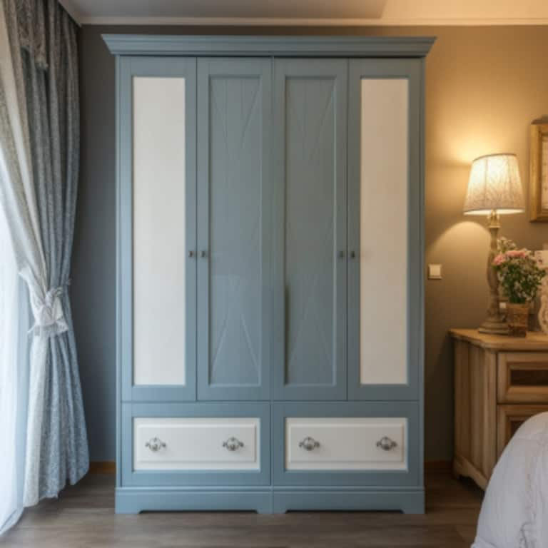 Modern Greyish Blue And White 4-Door Swing Wardrobe Design