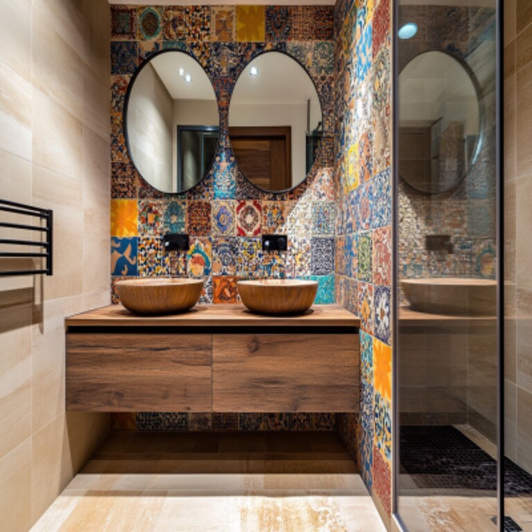 Modern Multicoloured Bathroom Design With Wooden Vanity Unit