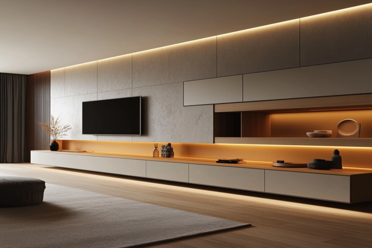 Contemporary Wall-Mounted TV Unit Design with Open and Closed Storage